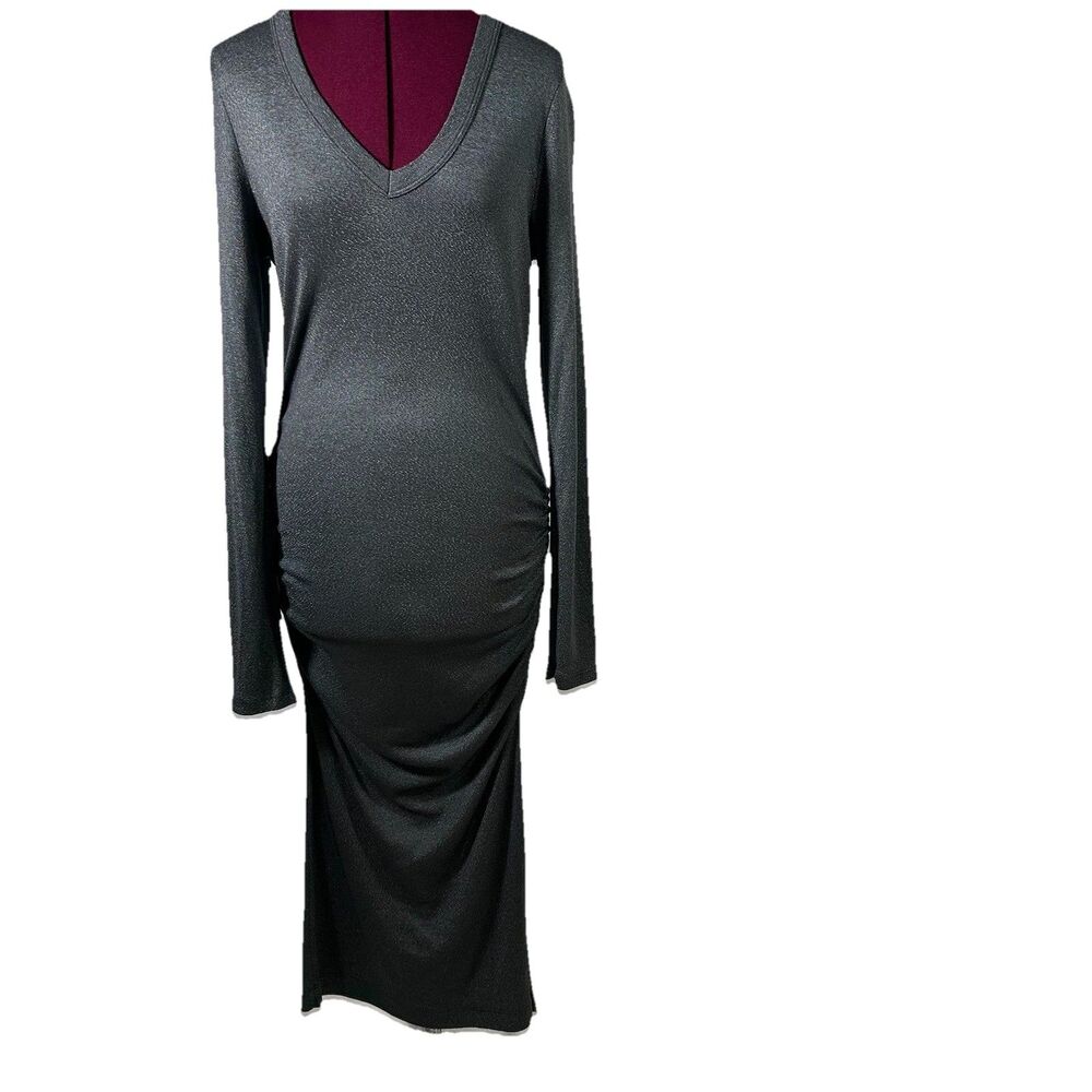 Michael Stars Nova Midi Dress Sz L Charcoal Ruched Bodycon Stretchy Feminine